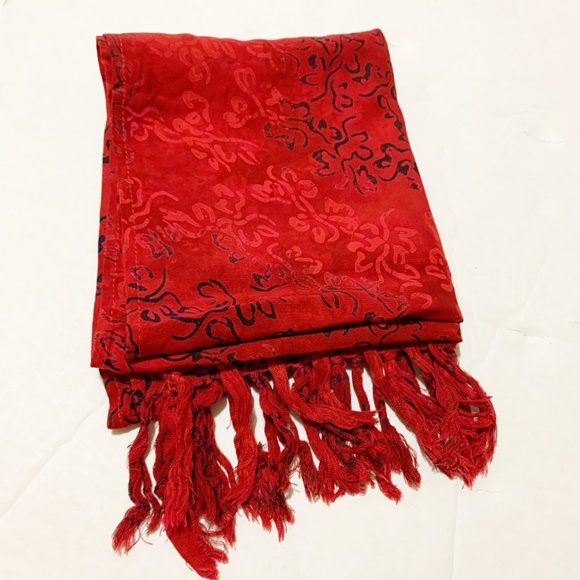 Van Klee Accessories - Van Klee Soft Silky Fringe Thin Red with Black Floral Print Scarf. One Size